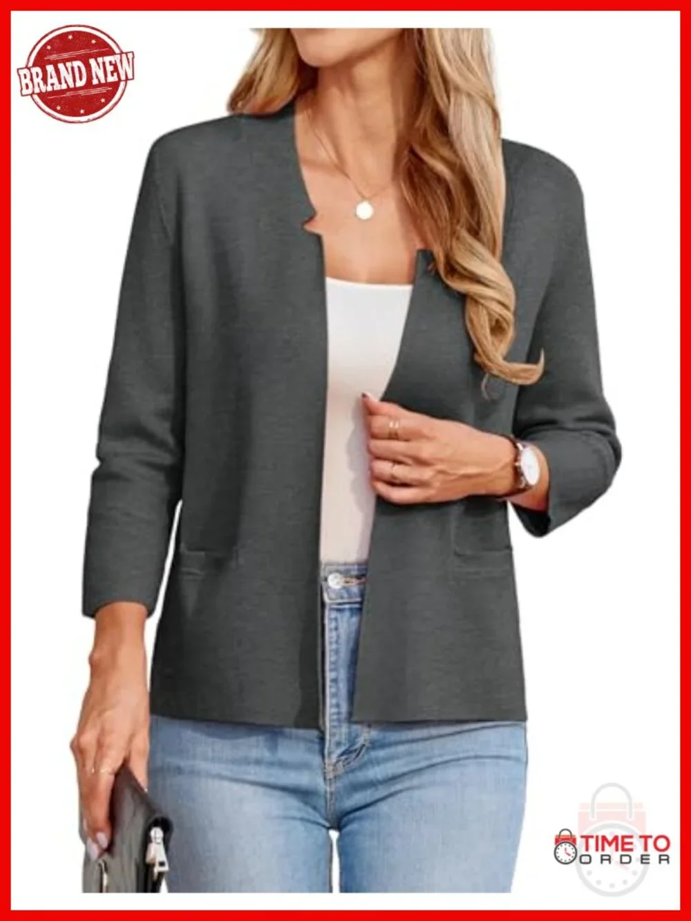 Knit Sweater Blazer for Women Business Casual Open Front Cropped 3/4 Sleeve